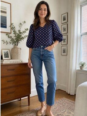 Anthropologie Blue and Orange Puff Sleeve Blouse